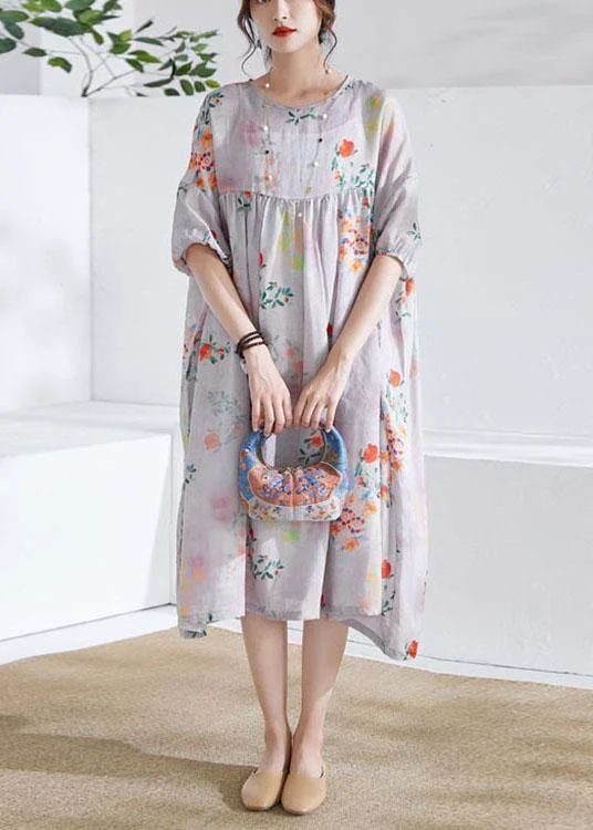 Grey lantern Sleeve Patchwork Print Summer Ramie Party Dress Half Sleeve Tunics Seasonal trendy
