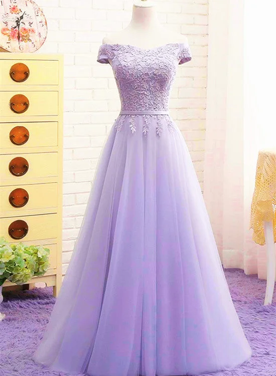 Light Purple Sweetheart Lace Applique Off Shoulder Prom Dress, A-line Long Party Dress Chiffon Maxi Beach Light Purple Sweetheart Lace Applique Off Shoulder Prom Dress, A-line Long Party Dress Chiffon Maxi Beach