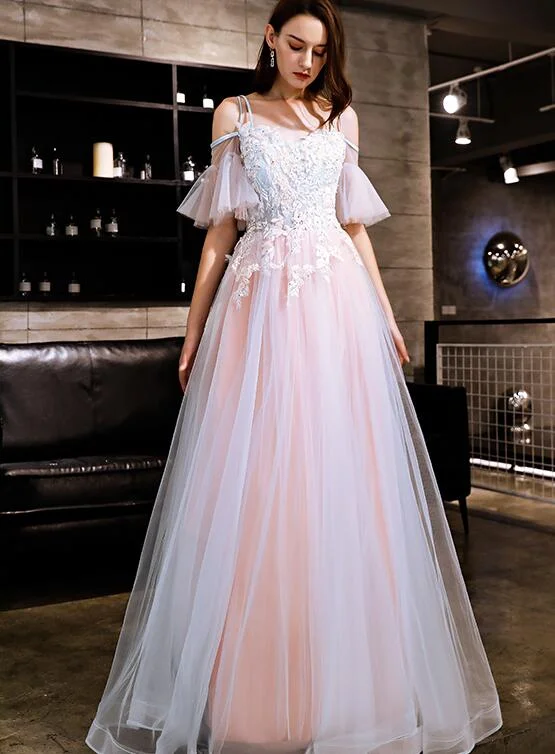 Blue and Pink Off Shoulder Floor Length with Lace Applique Party Dress, Pink Formal Dress Prom Dress Tunics Occasion special Blue and Pink Off Shoulder Floor Length with Lace Applique Party Dress, Pink Formal Dress Prom Dress Tunics Occasion special
