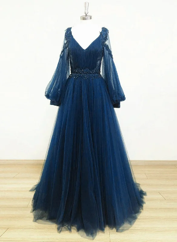 Navy Blue Puffy Sleeves Tulle with Beadings Long Party Dress, Blue Long Prom Dress Tunics Fall fleece Navy Blue Puffy Sleeves Tulle with Beadings Long Party Dress, Blue Long Prom Dress Tunics Fall fleece
