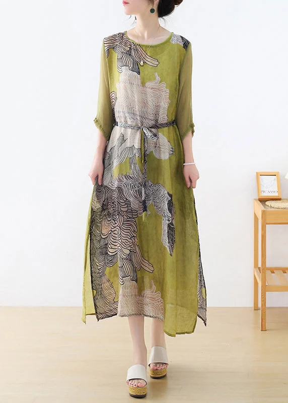 Slim Fit Green O-Neck Side Open Tunic Print Linen Party Dress Half Sleeve Crew Neckline Sporty Slim Fit Green O-Neck Side Open Tunic Print Linen Party Dress Half Sleeve Crew Neckline Sporty