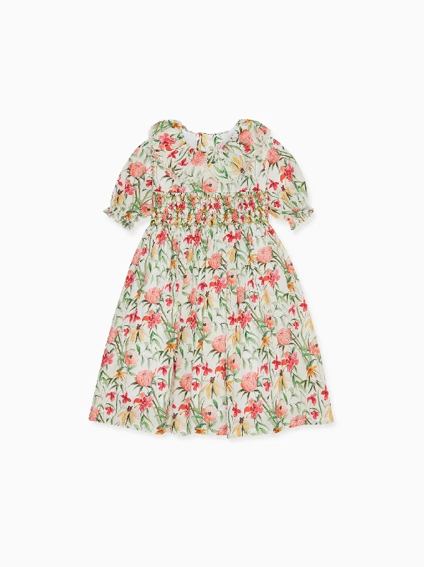 Coral Floral Milla Girl Hand-Smocked Dress Tunics Velvet soft