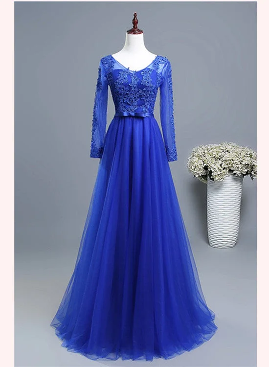 Royal Blue Long Sleeves Tulle with Lace Applique Formal Gown, Blue Bridesmaid Dress Party Dresses Peplum Ruffle Cocktail