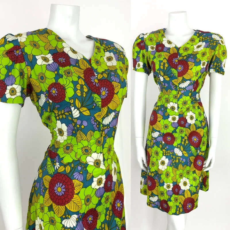 VINTAGE 60s A-LINE TEA DRESS FLORAL DITSY GREEN BLUE RED PURPLE 12 14 Tunics Trendy modern VINTAGE 60s A-LINE TEA DRESS FLORAL DITSY GREEN BLUE RED PURPLE 12 14 Tunics Trendy modern