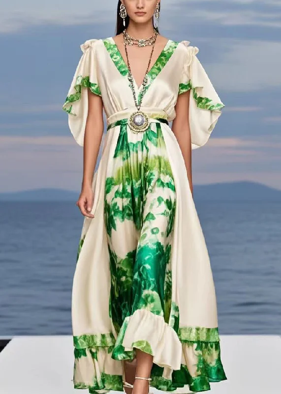 DIY Champagne Print Exra Large Hem Silk Party Dresses Cloak Sleeves Pleated Skirt Elegant