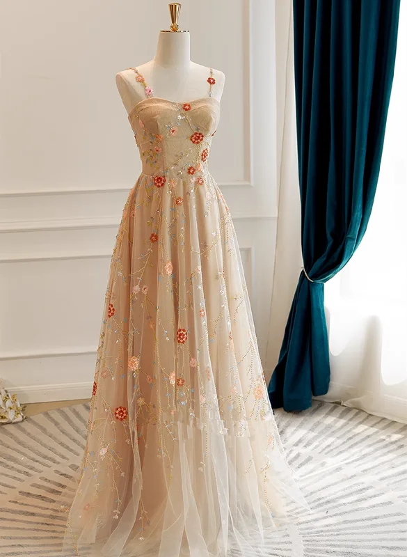 Champagne Floral Tulle Straps Sweetheart Wedding Party Dress, A-line Tulle Long Prom Dress Glittery Long Formal Champagne Floral Tulle Straps Sweetheart Wedding Party Dress, A-line Tulle Long Prom Dress Glittery Long Formal