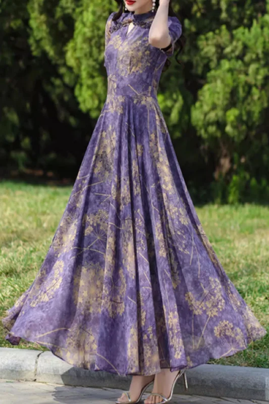 Purple flower printed maxi prom chiffon dress 5078 Off-the-shoulder Chic Trendy