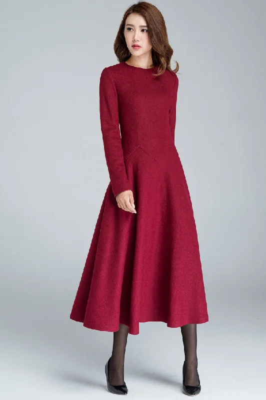 Red Midi winter Wool dress women 1618 Tunics Distressed trendy