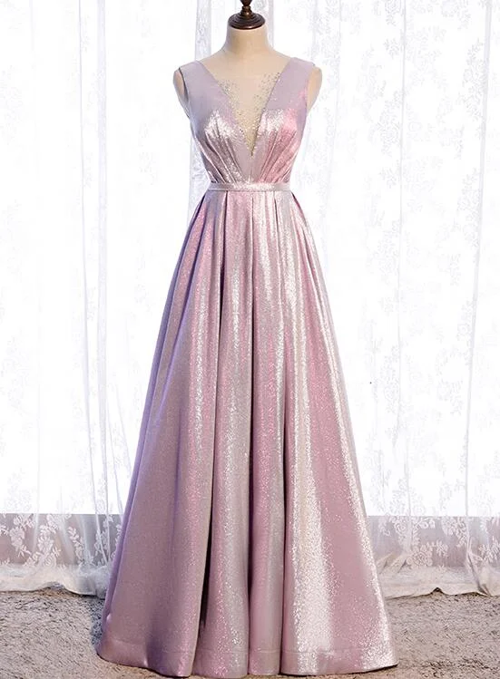Pink Satin V-neckline Shiny A-line Party Dress Prom Dress, Pink Long Formal Dress Bridesmaid Dress Tunics Modern contemporary