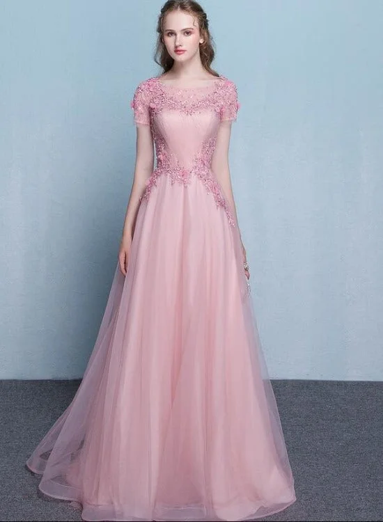 Lovely Pink Tulle Long Flowers and Lace Applique Long Formal Gown, Pink Tulle Party Dress Evening Dress Tunics Versatile stylish Lovely Pink Tulle Long Flowers and Lace Applique Long Formal Gown, Pink Tulle Party Dress Evening Dress Tunics Versatile stylish