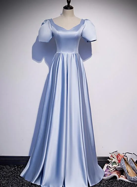 Blue Satin Beaded A-line Long Party Dress, Blue Prom Party Dresses Formal Dress Lace Sexy Club Blue Satin Beaded A-line Long Party Dress, Blue Prom Party Dresses Formal Dress Lace Sexy Club