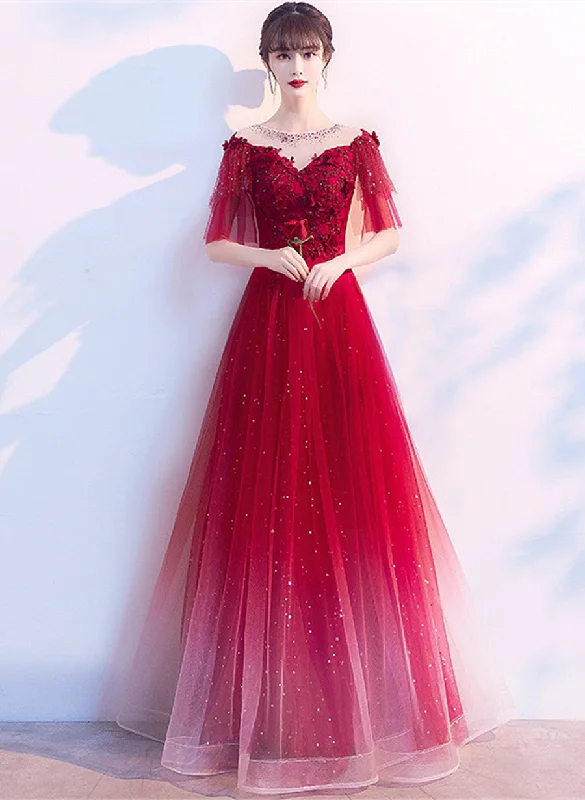 Red Gradient Tulle A-line Long Party Dress, Round Neckline Prom Dress Formal Dress Tunics Gym athletic Red Gradient Tulle A-line Long Party Dress, Round Neckline Prom Dress Formal Dress Tunics Gym athletic