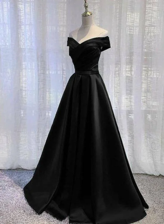 Pretty Off Shoulder Black Satin A-line Party Dress Formal Dress, Long Black Prom Dress Tunics Hiking breathable