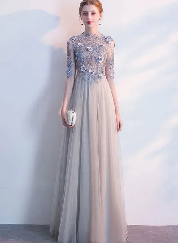 Light Grey Tulle Long Lace Applique Flowers Wedding Party Dresses, A-line Tulle Evening Dress Prom Dress Tunics Fall fleece Light Grey Tulle Long Lace Applique Flowers Wedding Party Dresses, A-line Tulle Evening Dress Prom Dress Tunics Fall fleece
