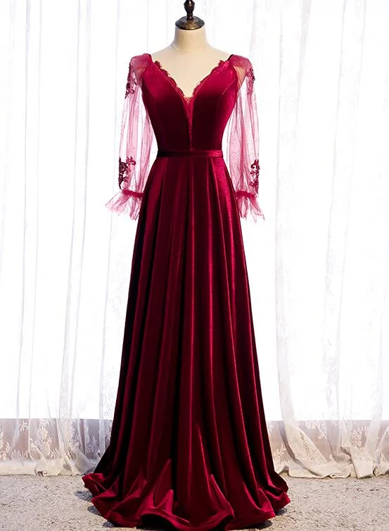 Wine Red Velvet Long Party Dress Prom Dress, A-line Long Sleeves Formal Dresses Tunics Seasonal trendy