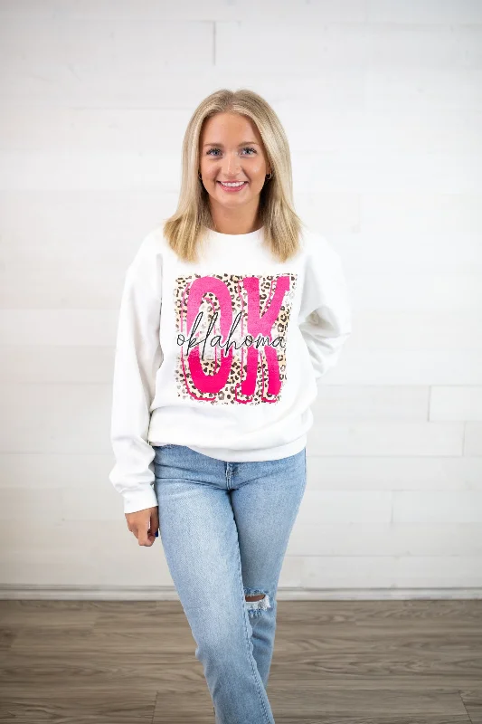 XO, Hannah Pink Leopard OK Sweatshirt-White Hooded Sweatshirt Casual Wear Street Style XO, Hannah Pink Leopard OK Sweatshirt-White Hooded Sweatshirt Casual Wear Street Style