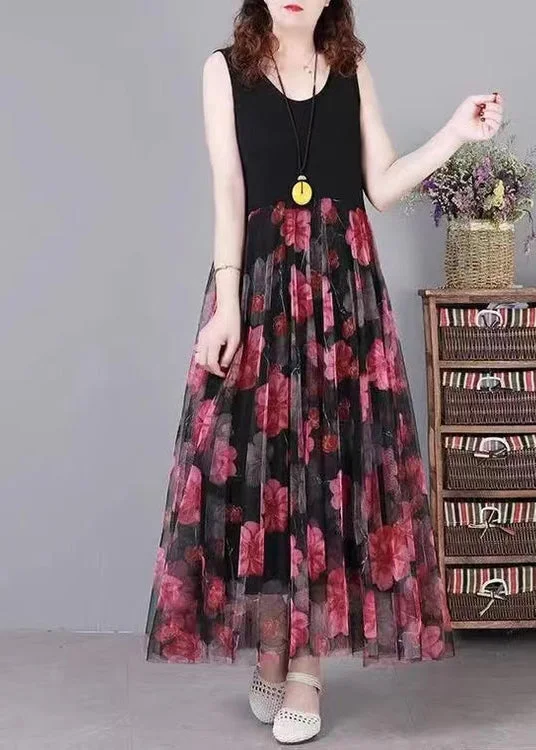 Women Black Print Patchwork Lace Summer Party Dress sweetheart Neckline Romantic