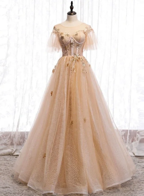 Champagne Puffy Sleeves Tulle Long Evening Dress Party Dress, A-line Tulle Prom Dresses Tunics Designer luxury Champagne Puffy Sleeves Tulle Long Evening Dress Party Dress, A-line Tulle Prom Dresses Tunics Designer luxury