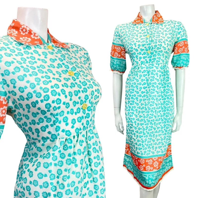 VINTAGE 60s 70s BLUE ORANGE WHITE FLORAL DAISY PUFF SLEEVE MOD DRESS 14 16 Tunic Top Casual
