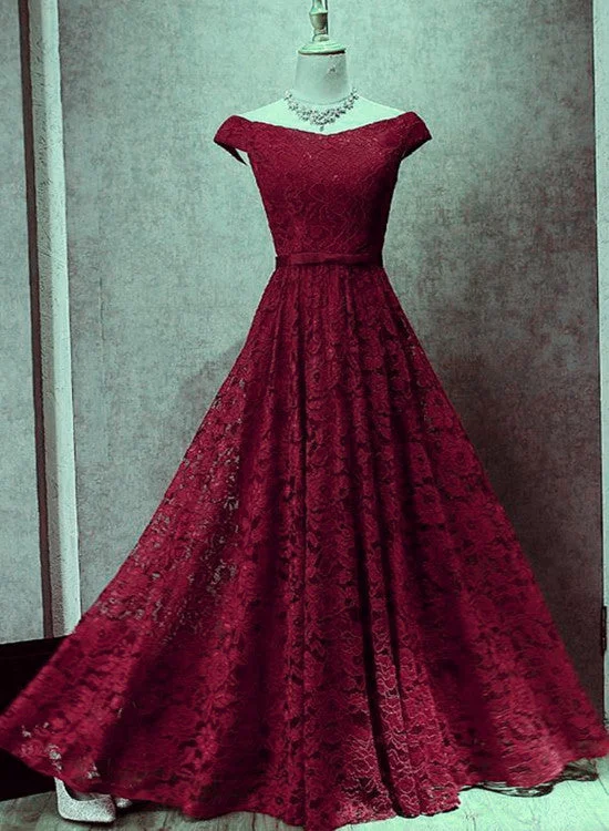 Wine Red Lace Off Shoulder Lace-up Long Party Dresses, Lace Evening Gowns, Formal Gowns Tunics Trendy modern Wine Red Lace Off Shoulder Lace-up Long Party Dresses, Lace Evening Gowns, Formal Gowns Tunics Trendy modern