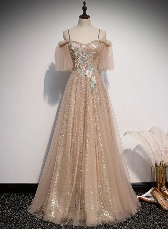 Charming Champagne Tulle and Sequins Long Party Dress, A-line Prom Dress Tunics Versatile stylish Charming Champagne Tulle and Sequins Long Party Dress, A-line Prom Dress Tunics Versatile stylish