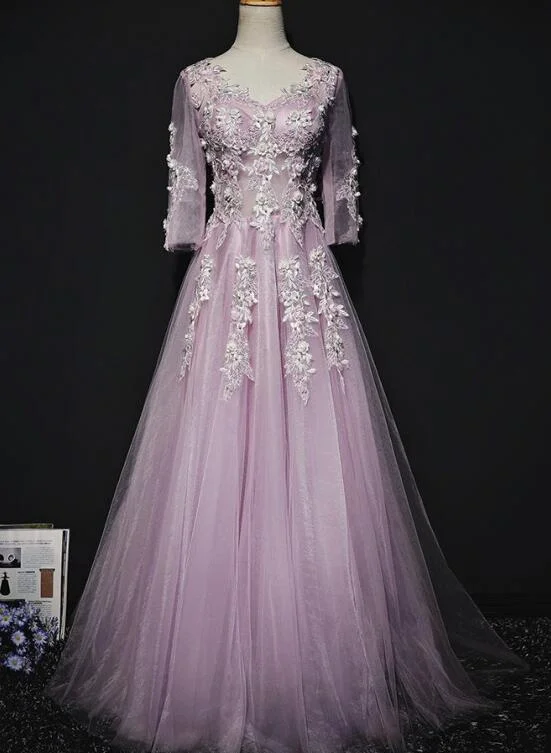 Pink Long Sleeves Tulle with Flowers V-neckline Prom Dress, A-line Pink Bridesmaid Dress Party Dress Tunics Luxurious high-end Pink Long Sleeves Tulle with Flowers V-neckline Prom Dress, A-line Pink Bridesmaid Dress Party Dress Tunics Luxurious high-end