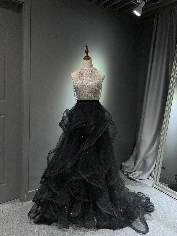 Black Halter Tulle Beaded and Sequins A-line Party Dress, Black Tulle Prom Dress Evening Dress Tunics Hiking breathable Black Halter Tulle Beaded and Sequins A-line Party Dress, Black Tulle Prom Dress Evening Dress Tunics Hiking breathable