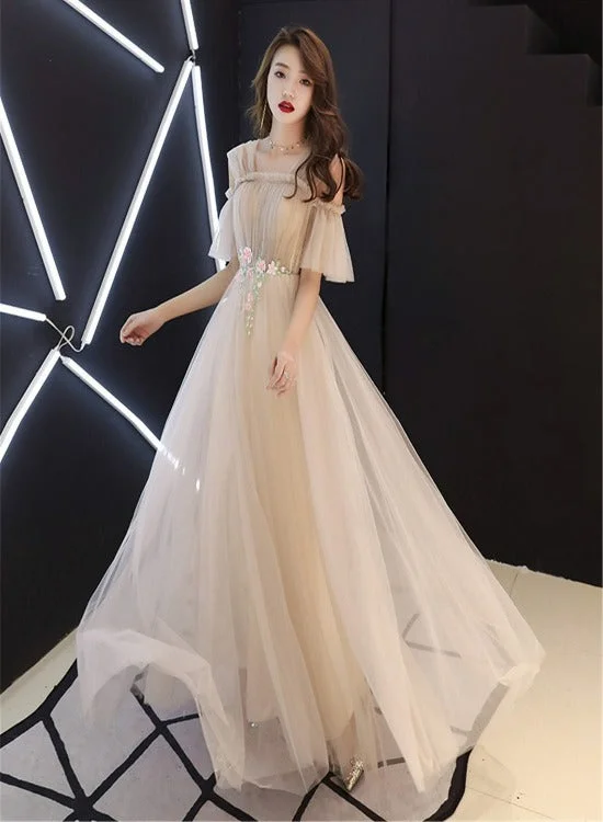 Champagne Tulle A-line Off Shoulder Formal Dress with Flowers, Simple Prom Dresses Party Dress Tunics Distressed trendy Champagne Tulle A-line Off Shoulder Formal Dress with Flowers, Simple Prom Dresses Party Dress Tunics Distressed trendy