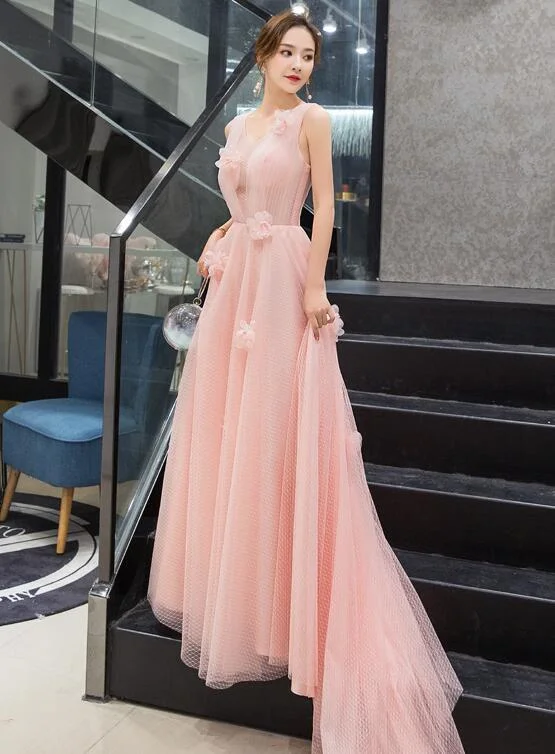 Light Pink Tulle with Flowers A-line Long Party Dress Evening Dress, Pink New Style Prom Dress Tunics Trousers formal Light Pink Tulle with Flowers A-line Long Party Dress Evening Dress, Pink New Style Prom Dress Tunics Trousers formal