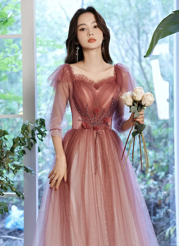 Pink Gradient Tulle A-line Puffy Sleeves Party Dress, Pink Long Prom Dress Tunics Handmade artisanal Pink Gradient Tulle A-line Puffy Sleeves Party Dress, Pink Long Prom Dress Tunics Handmade artisanal