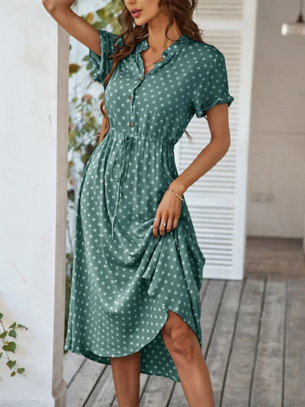 New women's all-match shirt collar polka dot waist waist dress Tunics Chic elegant