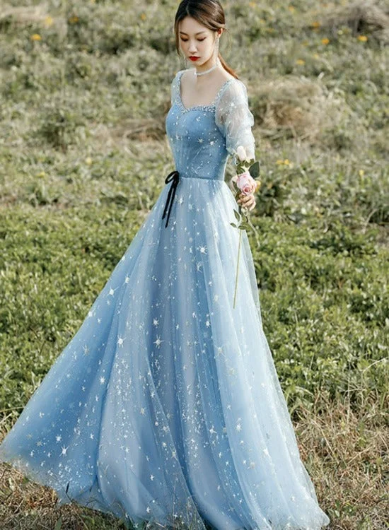 Beautiful Blue Short Sleeves A-line Beaded Tulle Party Dress Prom Dresses, Blue Evening Dresses Crew Neckline Sporty Beautiful Blue Short Sleeves A-line Beaded Tulle Party Dress Prom Dresses, Blue Evening Dresses Crew Neckline Sporty