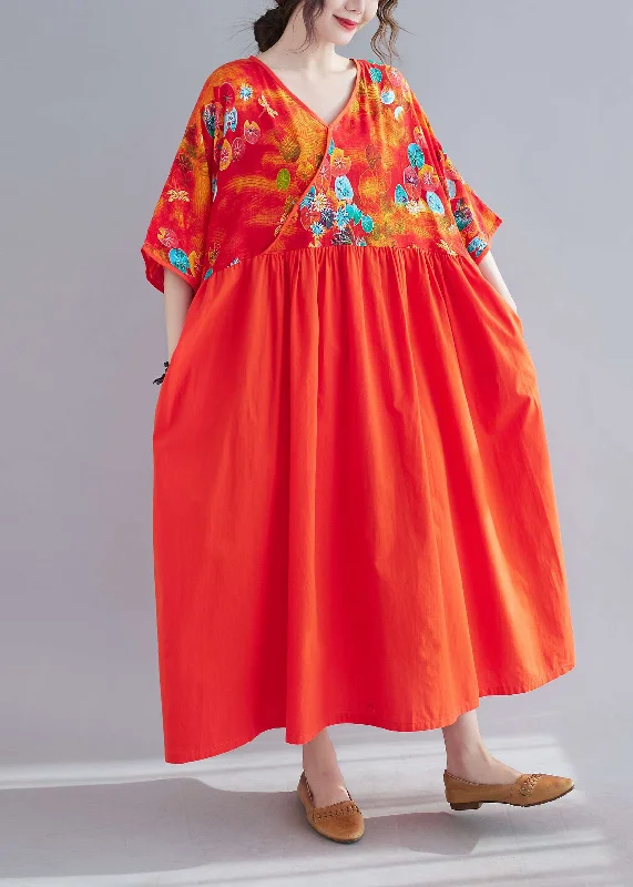 Red Patchwork Party Dress V Neck Half Sleeve Crew Neckline Casual