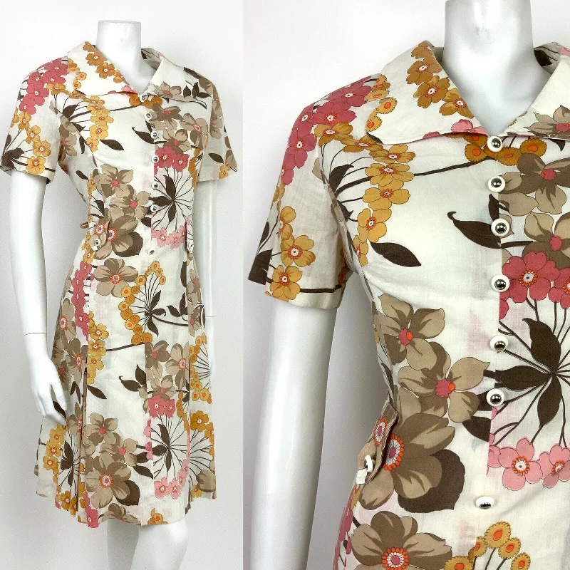 VINTAGE 60s 70s WHITE BROWN YELLOW PINK FLORAL CLOVER COLLAR DRESS 12 14 Tunics New arrival