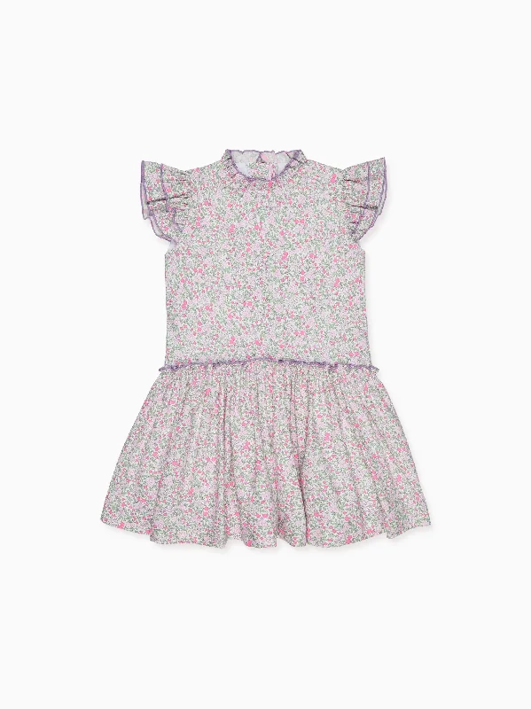 Fuchsia Floral Filomela Girl Drop Waist Dress Crew Neckline Casual