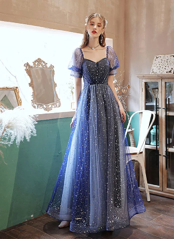 Blue A-line Tulle Prom Dress Party Dress, Short Sleeves Long Formal Dress Tunics Winter warm Blue A-line Tulle Prom Dress Party Dress, Short Sleeves Long Formal Dress Tunics Winter warm