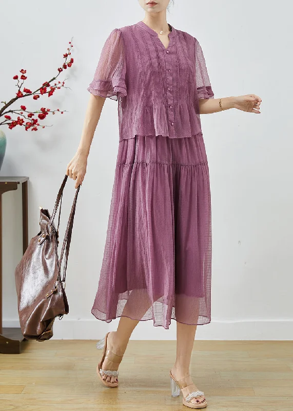 Modern Purple V Neck Patchwork Tulle Party Dress Summer Tunics Handmade artisanal