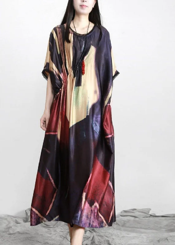 Women Black Print Silk Party Dress Batwing Sleeve Tunics Trousers formal