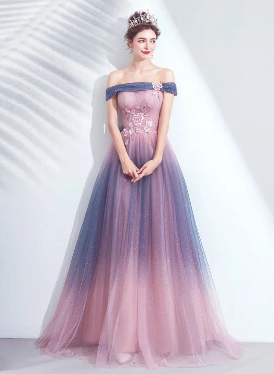 Blue and Pink Tulle Shiny Gradient Off Shoulder Party Dress, A-line Long Formal Evening Dress Tunics Seasonal trendy Blue and Pink Tulle Shiny Gradient Off Shoulder Party Dress, A-line Long Formal Evening Dress Tunics Seasonal trendy