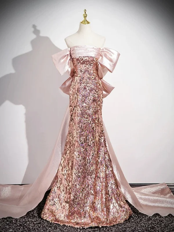 Pink Sequins and Satin Mermaid Long Party Dress, Pink Off Shoulder Scoop Prom Dress Tunics Favorite customer Pink Sequins and Satin Mermaid Long Party Dress, Pink Off Shoulder Scoop Prom Dress Tunics Favorite customer