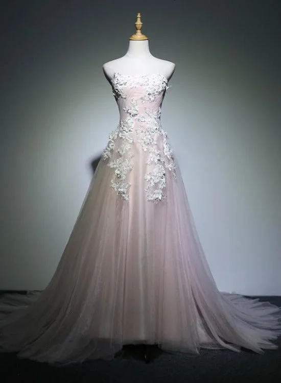 Lovely Light Pink Long Party Dress with Lace Applique Prom Dress, Tulle Evening Dresses Formal Gown Tunics Long Elegant Lovely Light Pink Long Party Dress with Lace Applique Prom Dress, Tulle Evening Dresses Formal Gown Tunics Long Elegant