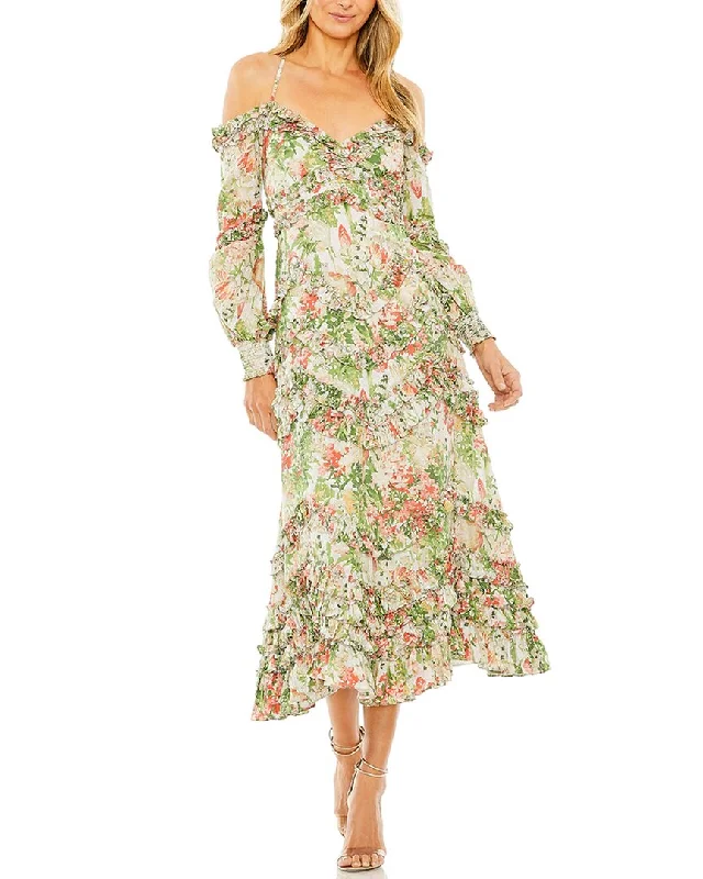 Mac Duggal Floral Ruffle Detail Dress Halter Neckline Beach