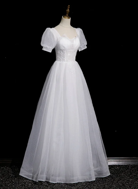 Cute White Tulle Short Sleeves Beaded Party Dress, A-line White Tulle Formal Dress Boat Neckline Classic Cute White Tulle Short Sleeves Beaded Party Dress, A-line White Tulle Formal Dress Boat Neckline Classic