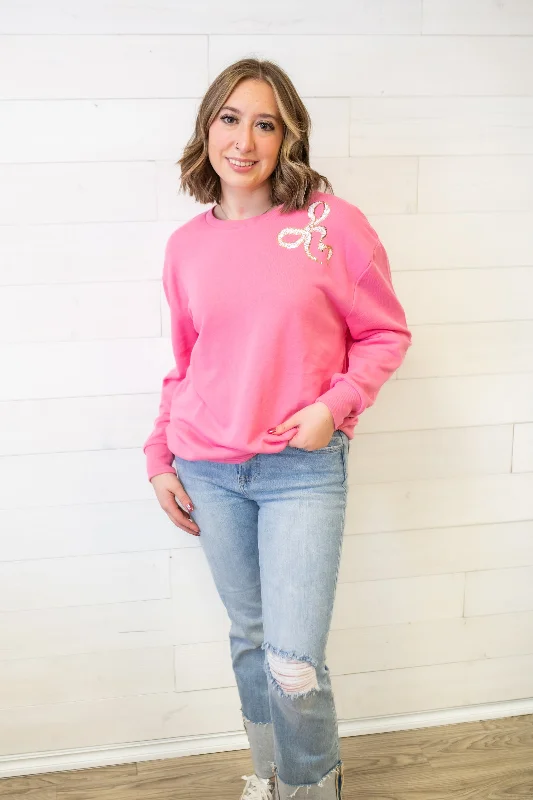 The Royal Standard Bow Sequin Sweatshirt-Pink, Gold & White Hoodie with Exposed Zipper Edgy Industrial The Royal Standard Bow Sequin Sweatshirt-Pink, Gold & White Hoodie with Exposed Zipper Edgy Industrial