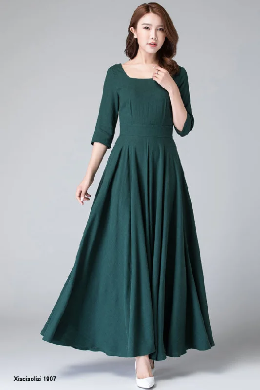 Women's long maxi linen dress, wedding guest dress 1907# Boat Neckline Classic