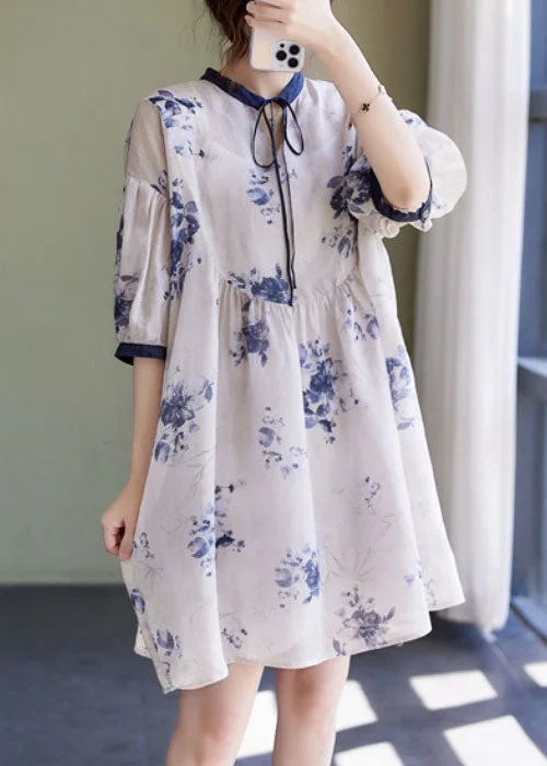 Style White Stand Collar Asymmetrical Wrinkled Print Cotton Linen Party Dress Half Sleeve Tunics Corduroy durable