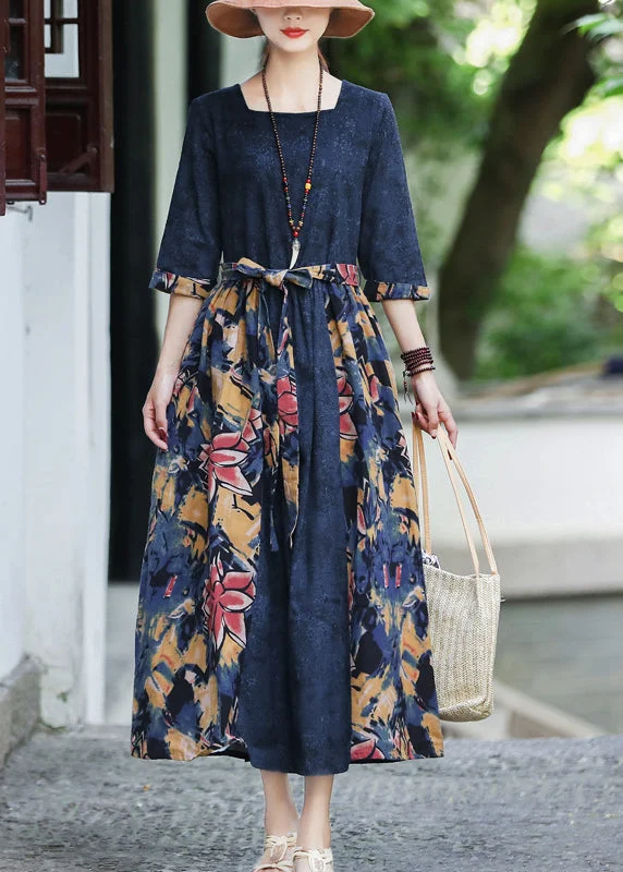 French Dark Blue Square Collar Tie Waist Patchwork Party Dress Half Sleeve Tunics Fleece cozy