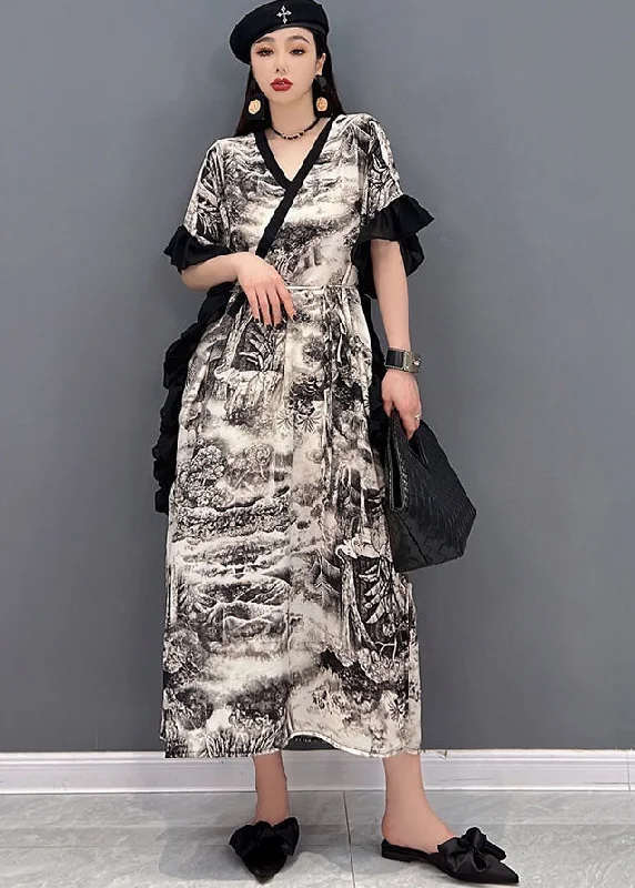 White Print Chiffon Party Dress V Neck Ruffled Butterfly Sleeve Tunics Denim casual