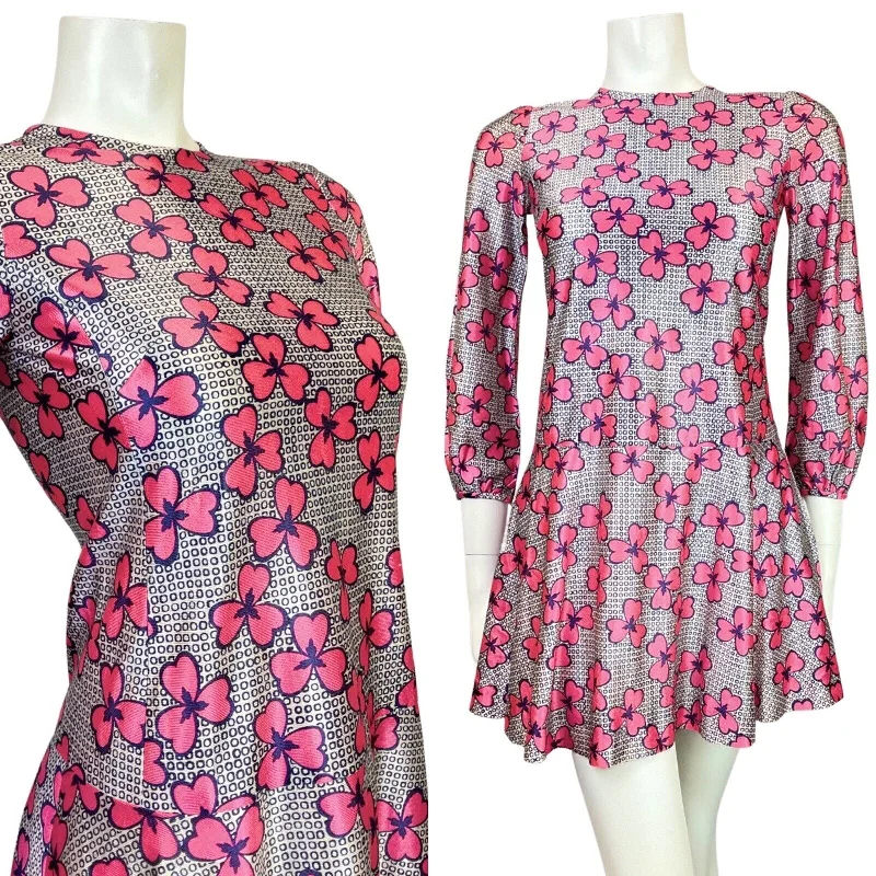 VINTAGE 60s STYLE 90s WHITE BLUE PINK GEOMETRIC FLORAL MOD DROP-WAIST DRESS 4 Tunics Summer linen