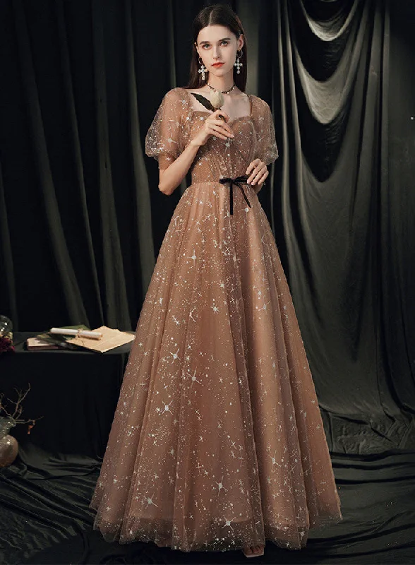 Champagne Tulle A-line Off Shoulder Party Dress, Simple Long Junior Prom Dress Tunics Timeless classic Champagne Tulle A-line Off Shoulder Party Dress, Simple Long Junior Prom Dress Tunics Timeless classic